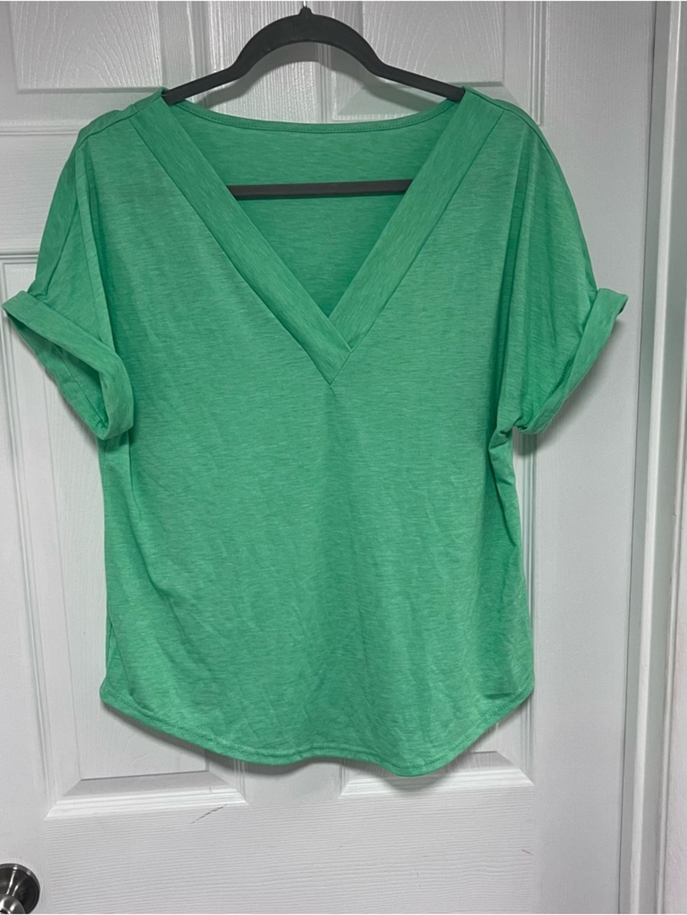 SHEIN Mint Green V-Neck Rolled Short Sleeve Top Size L